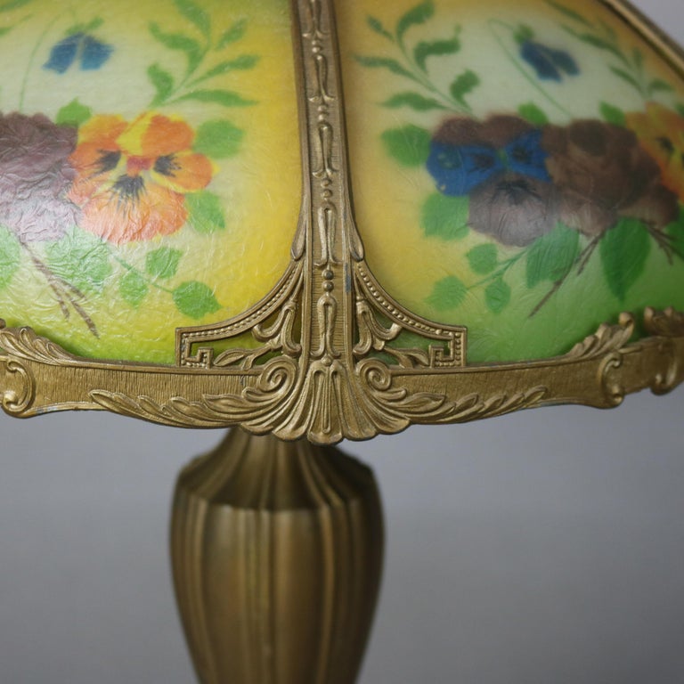Antique Bradley & Hubbard Arts and Crafts Reverse Painted Floral Lamp Signed