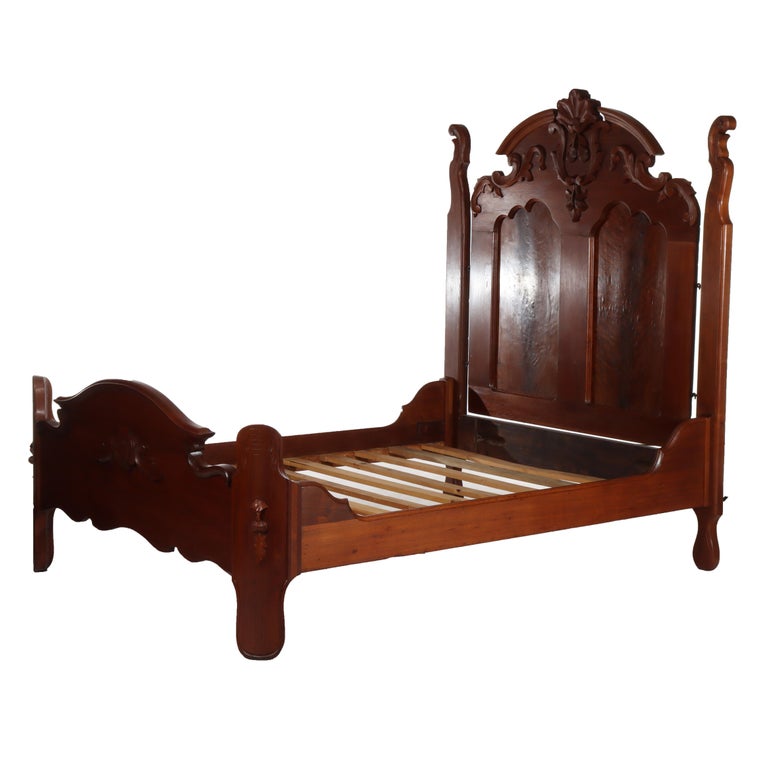 Antique Victorian Renaissance Revival Carved Walnut & Burl Bed Frame c1890