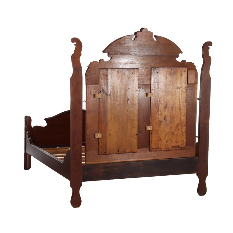 Antique Victorian Renaissance Revival Carved Walnut & Burl Bed Frame c1890