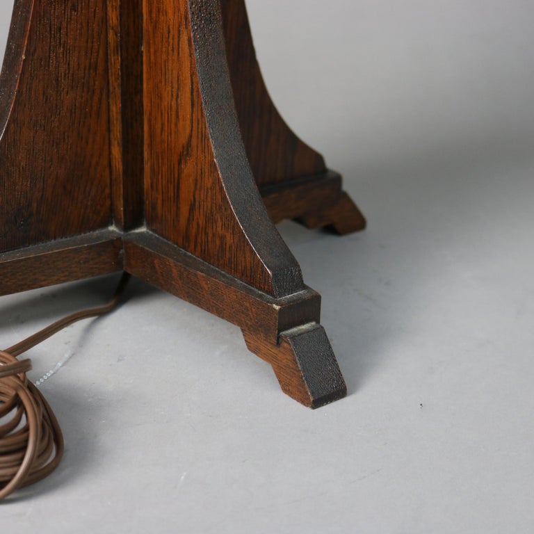 Antique Prairie School Arts and Crafts Oak Framed Slag Glass Table Lamp C1920