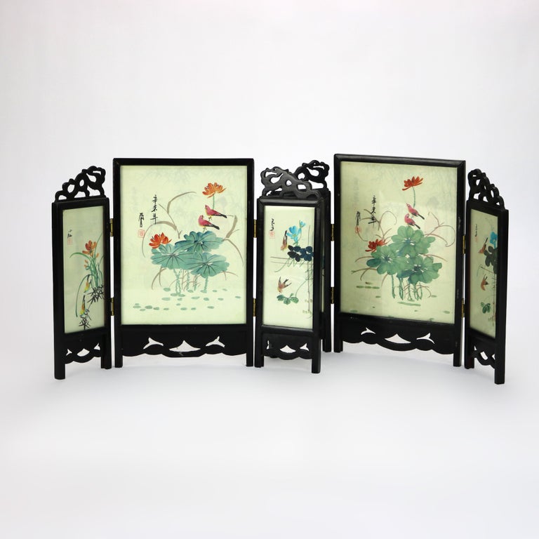 Two Antique Japanese Hand Painted Double-Sided Triptych Table Screens