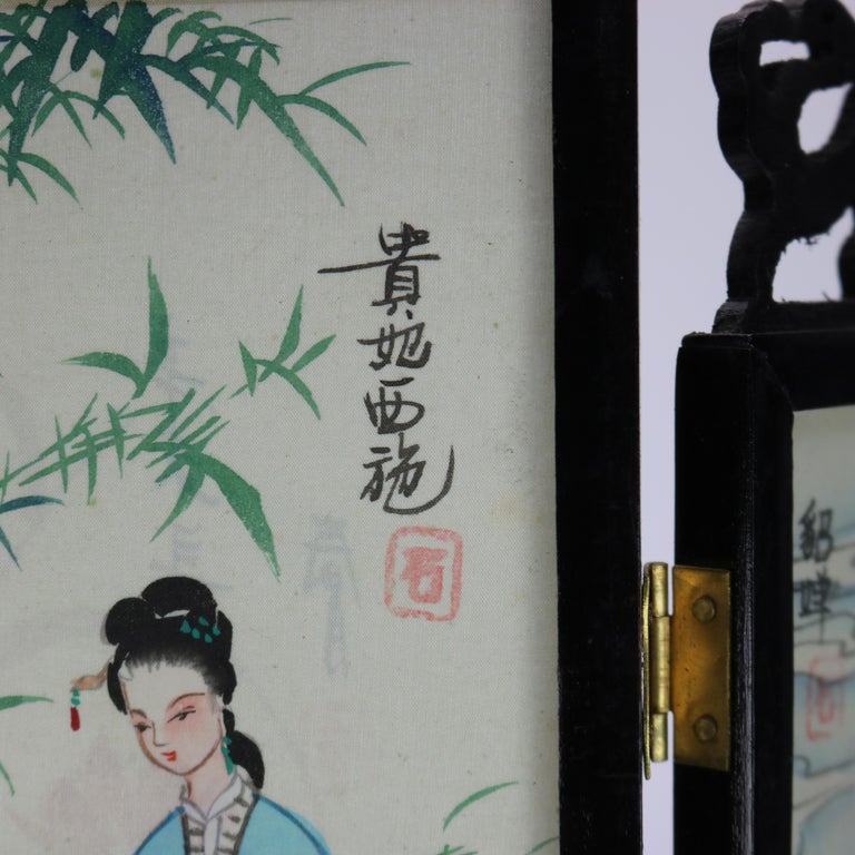 Two Antique Japanese Hand Painted Double-Sided Triptych Table Screens