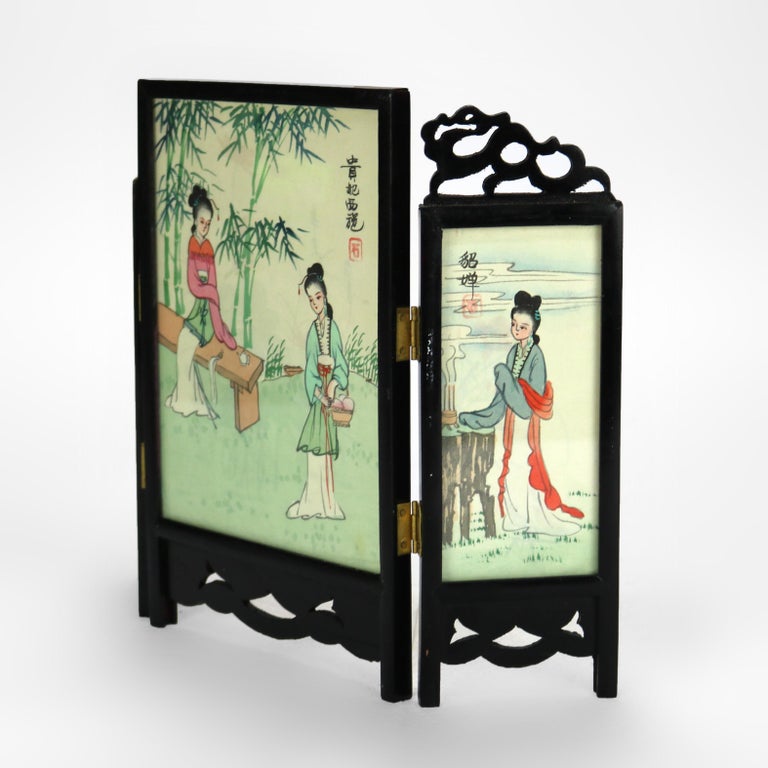 Two Antique Japanese Hand Painted Double-Sided Triptych Table Screens