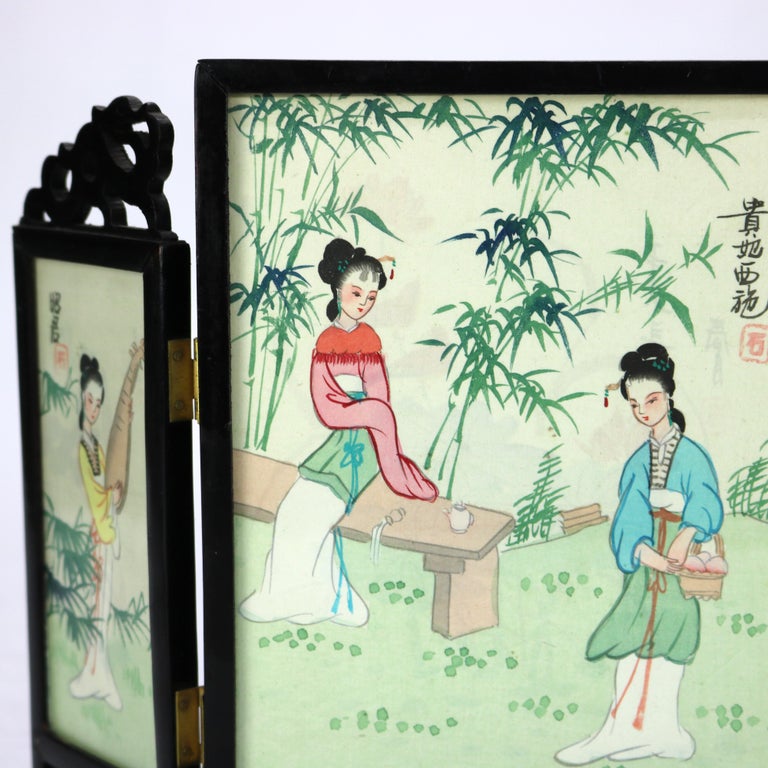 Two Antique Japanese Hand Painted Double-Sided Triptych Table Screens