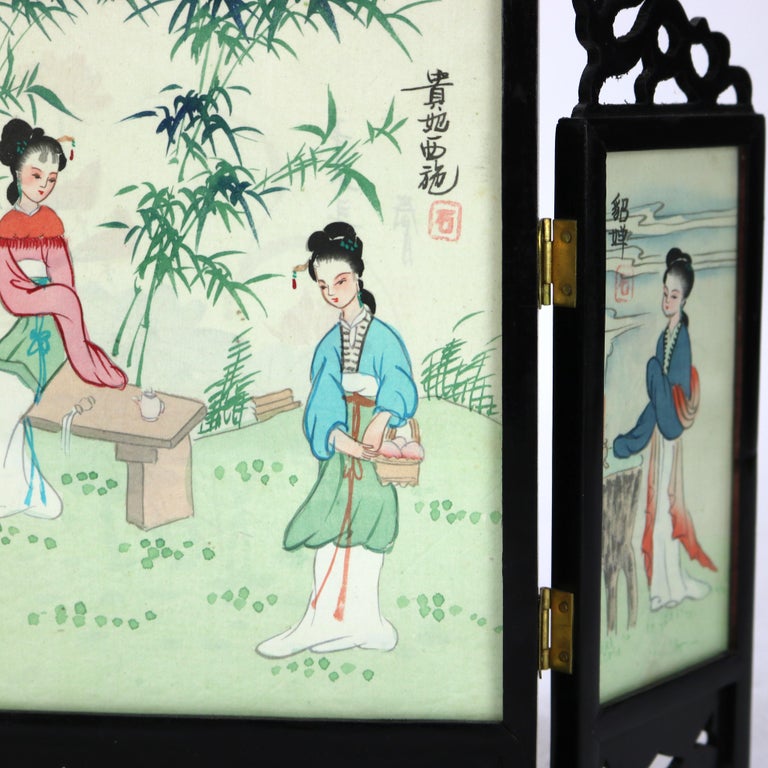 Two Antique Japanese Hand Painted Double-Sided Triptych Table Screens