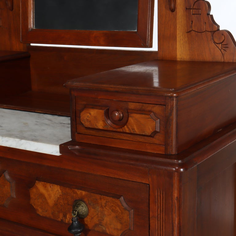 Antique Renaissance Revival Walnut & Burl Marble Top Dresser With Mirror c1890