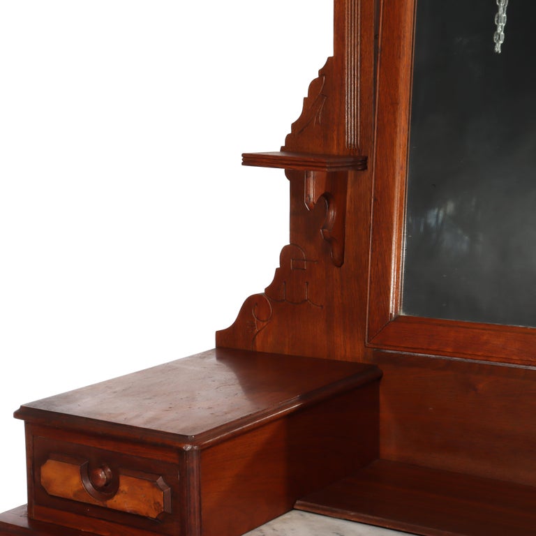 Antique Renaissance Revival Walnut & Burl Marble Top Dresser With Mirror c1890