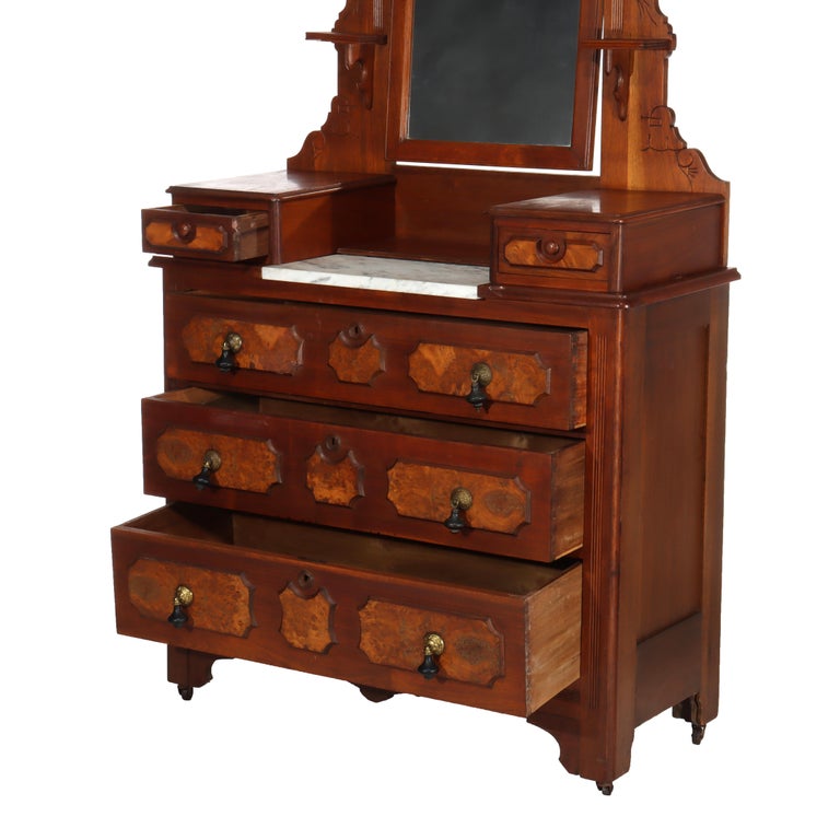 Antique Renaissance Revival Walnut & Burl Marble Top Dresser With Mirror c1890