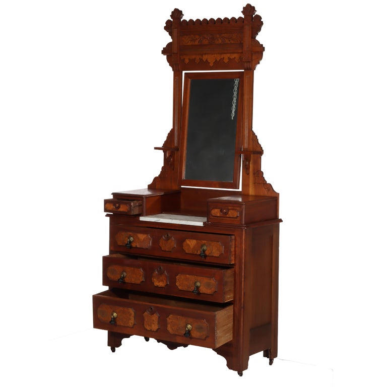 Antique Renaissance Revival Walnut & Burl Marble Top Dresser With Mirror c1890