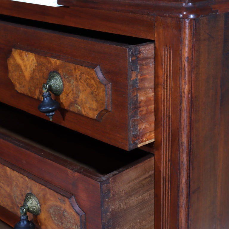 Antique Renaissance Revival Walnut & Burl Marble Top Dresser With Mirror c1890