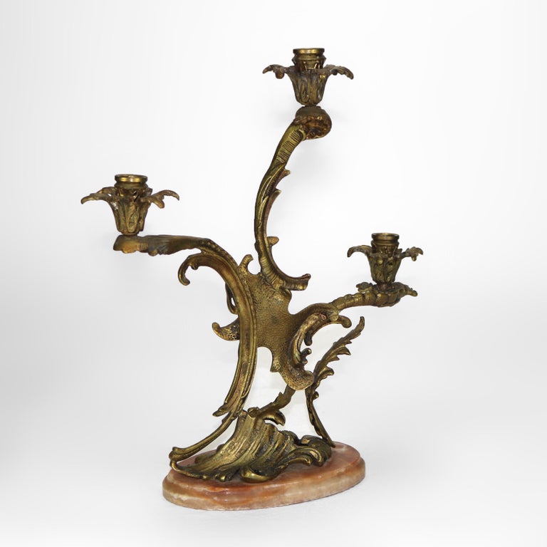 Pair of Antique French Rococo Bronze Candelabras with Marble Bases C1890