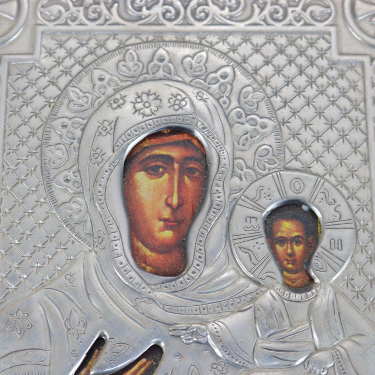 Russian Religious Icon Portrait of Mary & Baby Jesus Encased In Sterling Silver