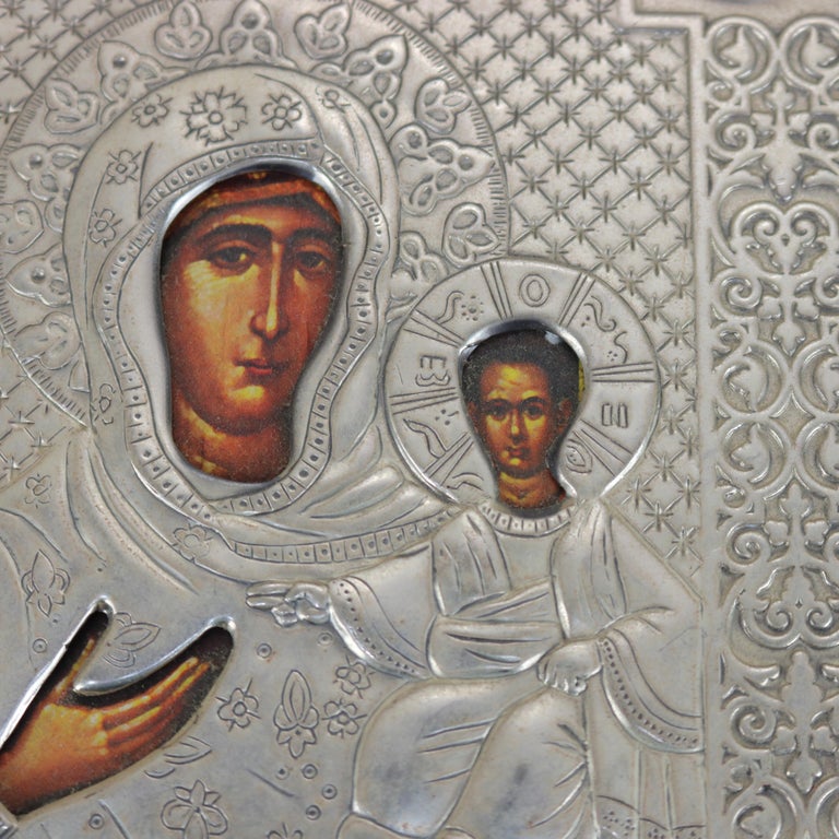 Russian Religious Icon Portrait of Mary & Baby Jesus Encased In Sterling Silver
