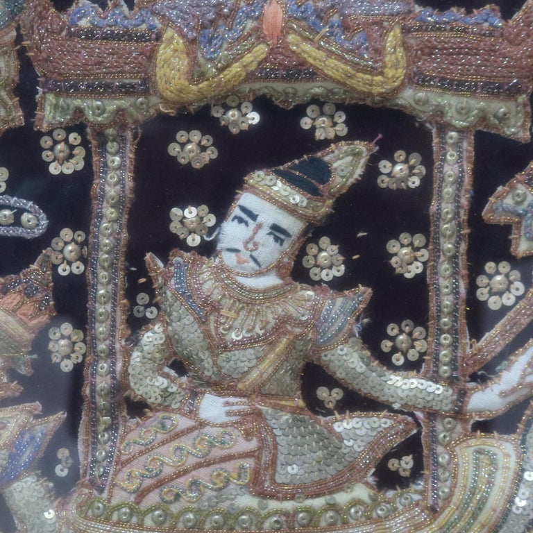 Burmese Framed Embroidered and Sequined Kalaga Tapestry of Genre Scene 20thC
