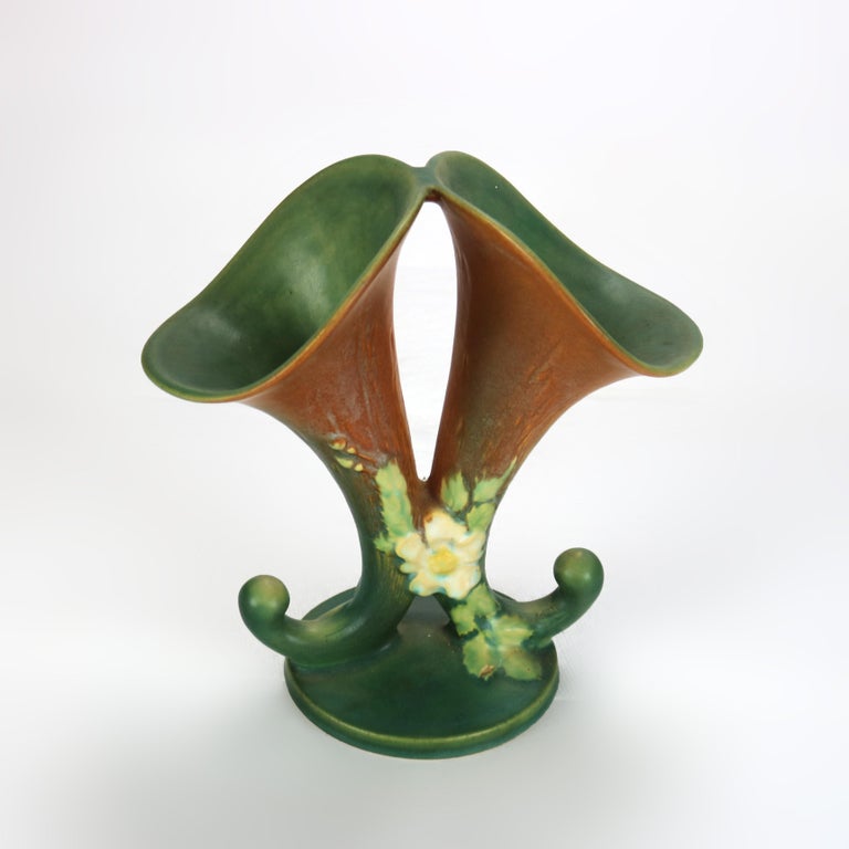 Roseville Art Pottery Brown And Green Double Cornucopia Vase with White Rose