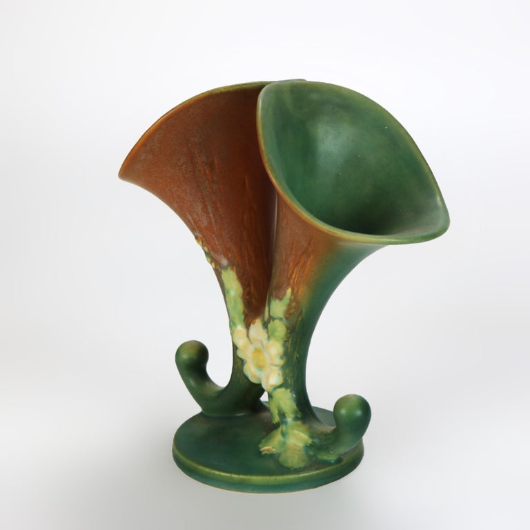 Roseville Art Pottery Brown And Green Double Cornucopia Vase with White Rose