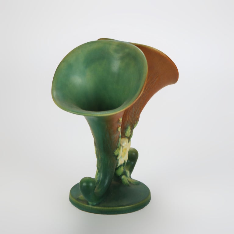 Roseville Art Pottery Brown And Green Double Cornucopia Vase with White Rose