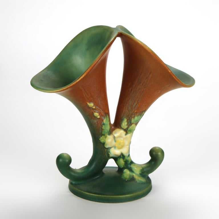 Roseville Art Pottery Brown And Green Double Cornucopia Vase with White Rose
