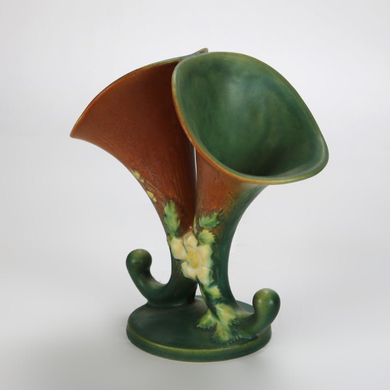 Roseville Art Pottery Brown And Green Double Cornucopia Vase with White Rose