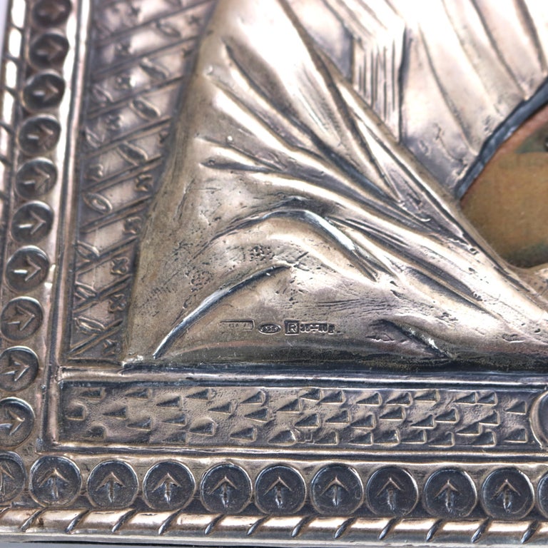 Russian Religious Icon Portrait of Jesus Encased in Sterling Silver 20thC