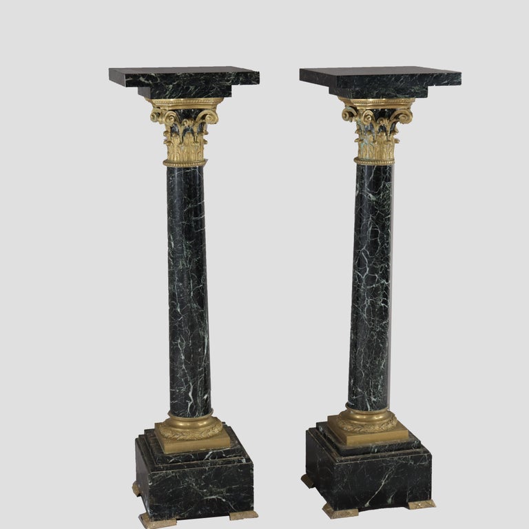 Pair Of French Classical Black Marble Sculpture Pedestals With Ormolu