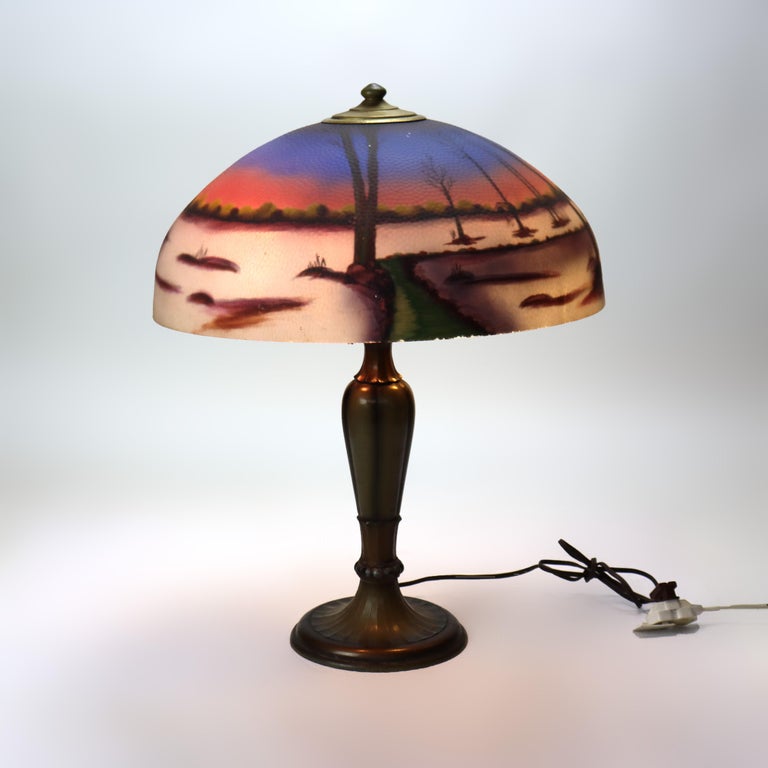 Antique Jefferson attr Reversed Painted Scenic Landscape Table Lamp c1920