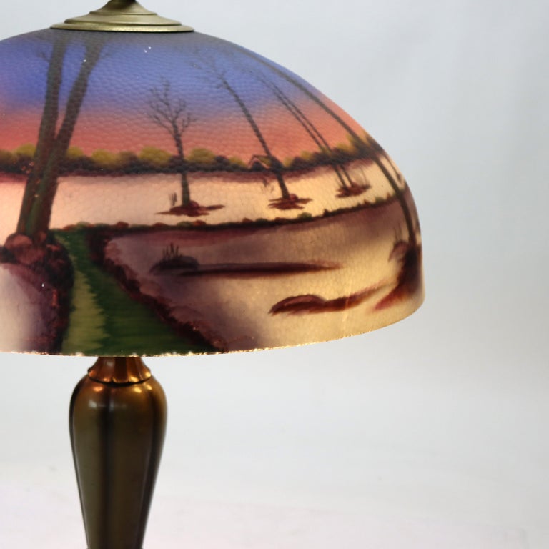 Antique Jefferson attr Reversed Painted Scenic Landscape Table Lamp c1920