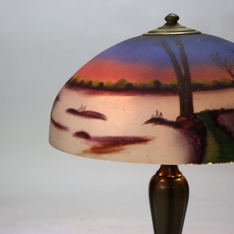 Antique Jefferson attr Reversed Painted Scenic Landscape Table Lamp c1920