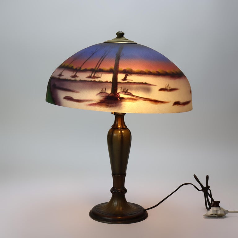 Antique Jefferson attr Reversed Painted Scenic Landscape Table Lamp c1920