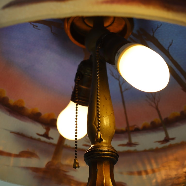 Antique Jefferson attr Reversed Painted Scenic Landscape Table Lamp c1920