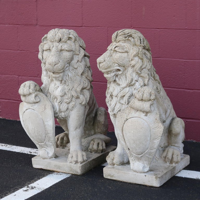 Pair Large Cast Stone Guardian Garden Lions with Shields, 20thC