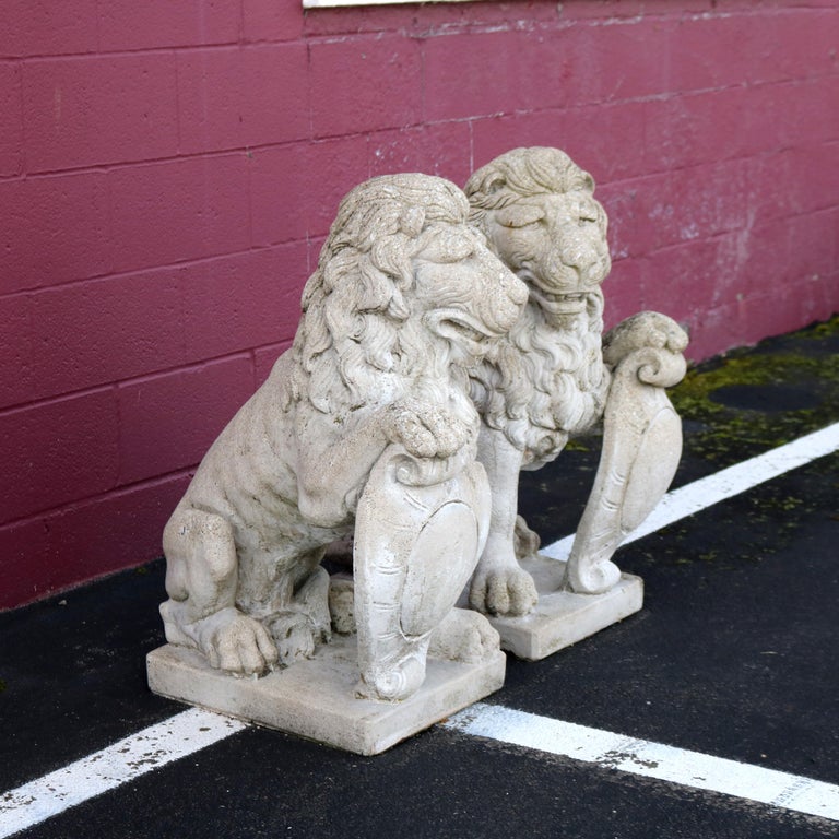 Pair Large Cast Stone Guardian Garden Lions with Shields, 20thC
