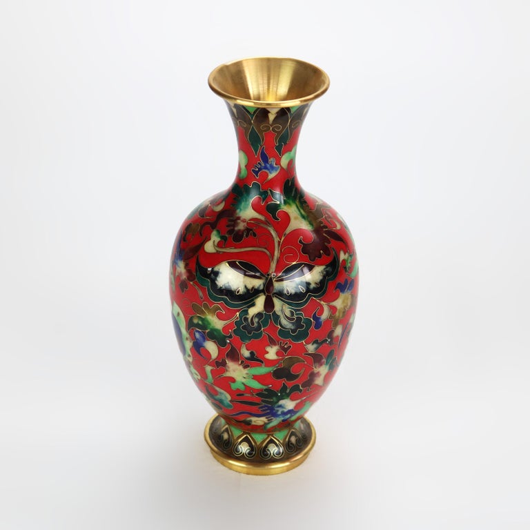 Chinese Cloisonne Enameled Vase with Garden Scene & Butterfly, Signed, 20thC