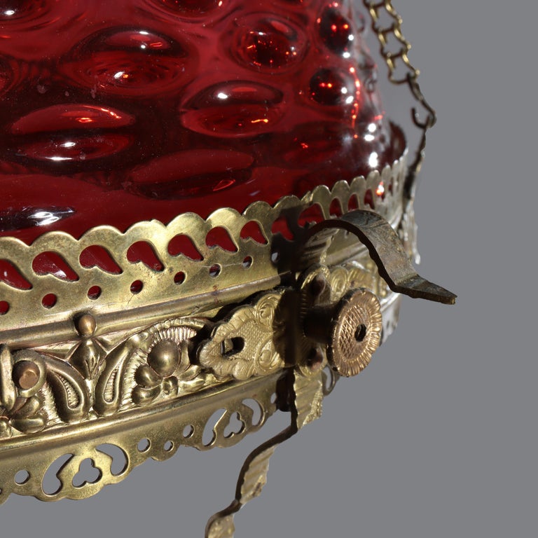 Antique Cranberry Hobnail Glass & Brass Hanging Light, Electrified, C1900