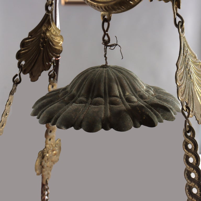 Antique Cranberry Hobnail Glass & Brass Hanging Light, Electrified, C1900