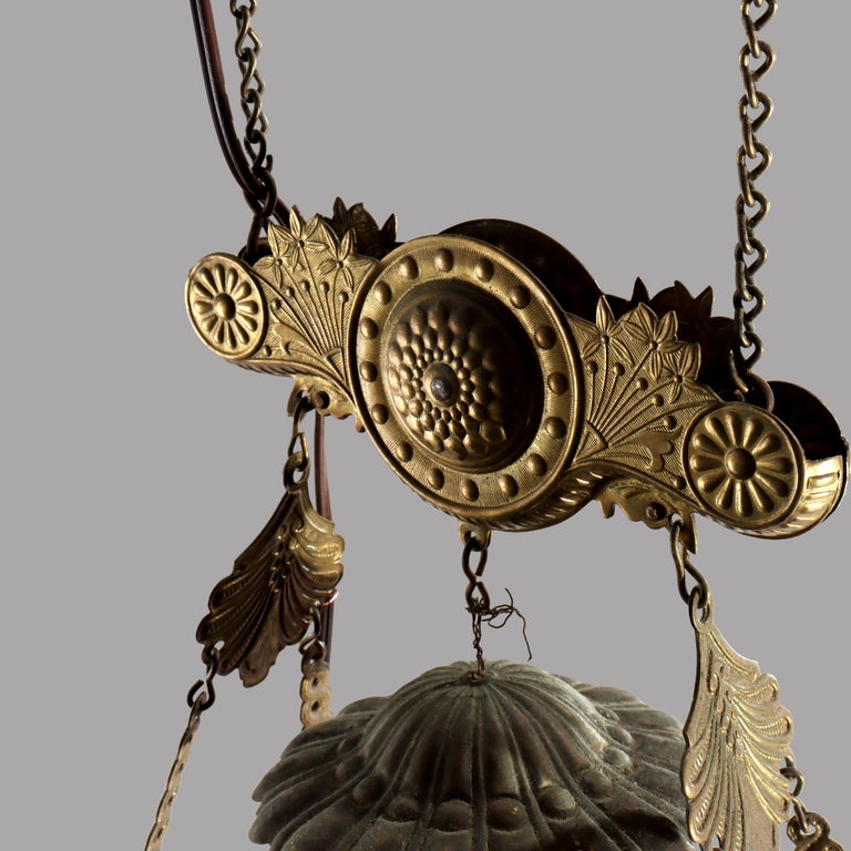 Antique Cranberry Hobnail Glass & Brass Hanging Light, Electrified, C1900