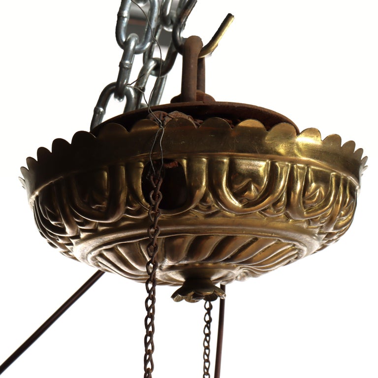 Antique Cranberry Hobnail Glass & Brass Hanging Light, Electrified, C1900