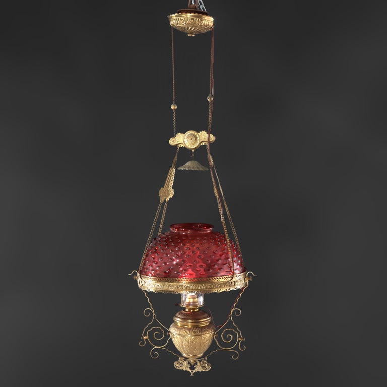Antique Cranberry Hobnail Glass & Brass Hanging Light, Electrified, C1900