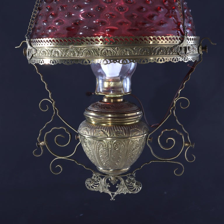 Antique Cranberry Hobnail Glass & Brass Hanging Light, Electrified, C1900