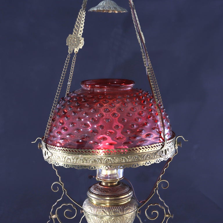 Antique Cranberry Hobnail Glass & Brass Hanging Light, Electrified, C1900