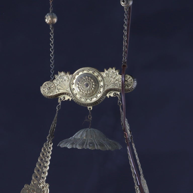 Antique Cranberry Hobnail Glass & Brass Hanging Light, Electrified, C1900