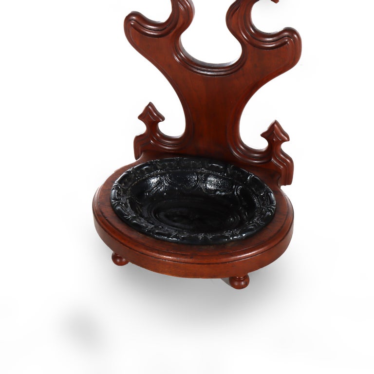 Antique Rococo Walnut Umbrella Stand With Cast Iron Tray c1890