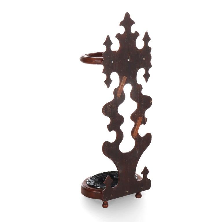 Antique Rococo Walnut Umbrella Stand With Cast Iron Tray c1890