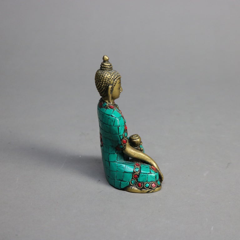 Tibetan Polychromed Bronze Buddhist Deity Statue with Mosaic Pattern 20thC
