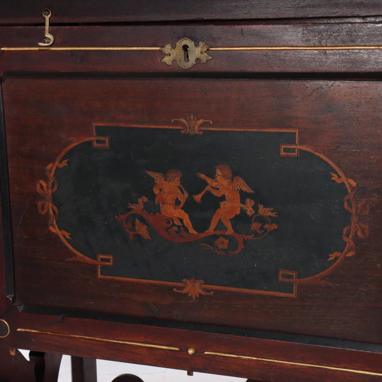 Antique Berkey & Gay Victorian Inlaid Black Walnut & Gilt Drop Front Desk c1890