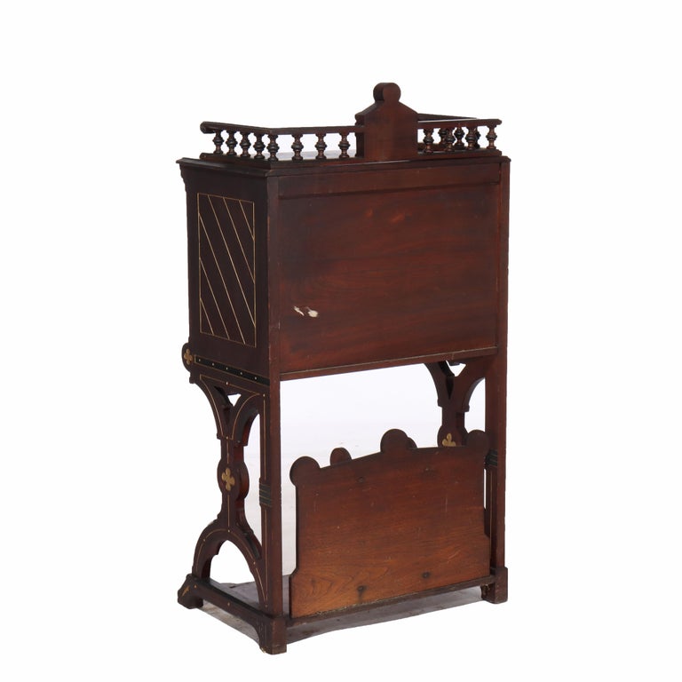 Antique Berkey & Gay Victorian Inlaid Black Walnut & Gilt Drop Front Desk c1890