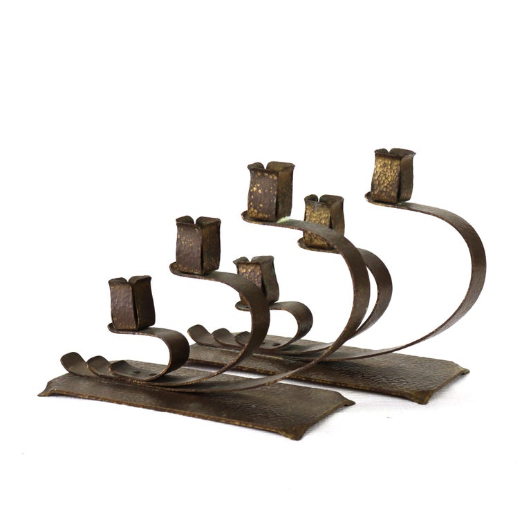 Pair Of Antique E. T. C. Fish Arts & Crafts Hammered Brass 3-Light Candelabra