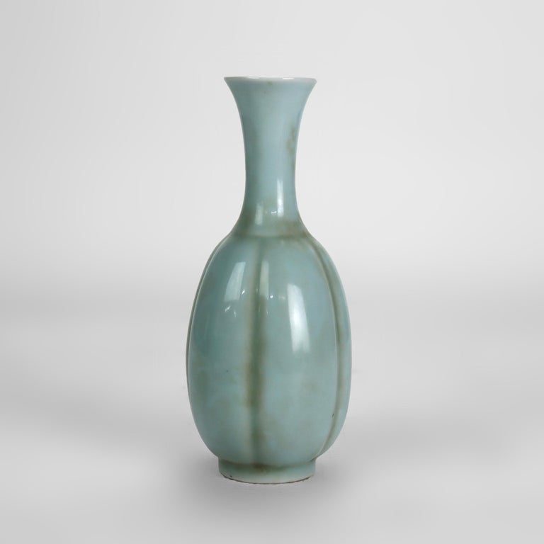 Chinese Celadon Porcelain Melon Ribbed Vase Signed 20thC