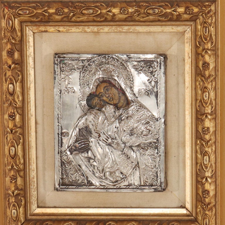 Antique Greek Orthodox Silver Framed Icon with Madonna & Child 19thC