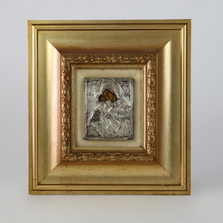 Antique Greek Orthodox Silver Framed Icon with Madonna & Child 19thC